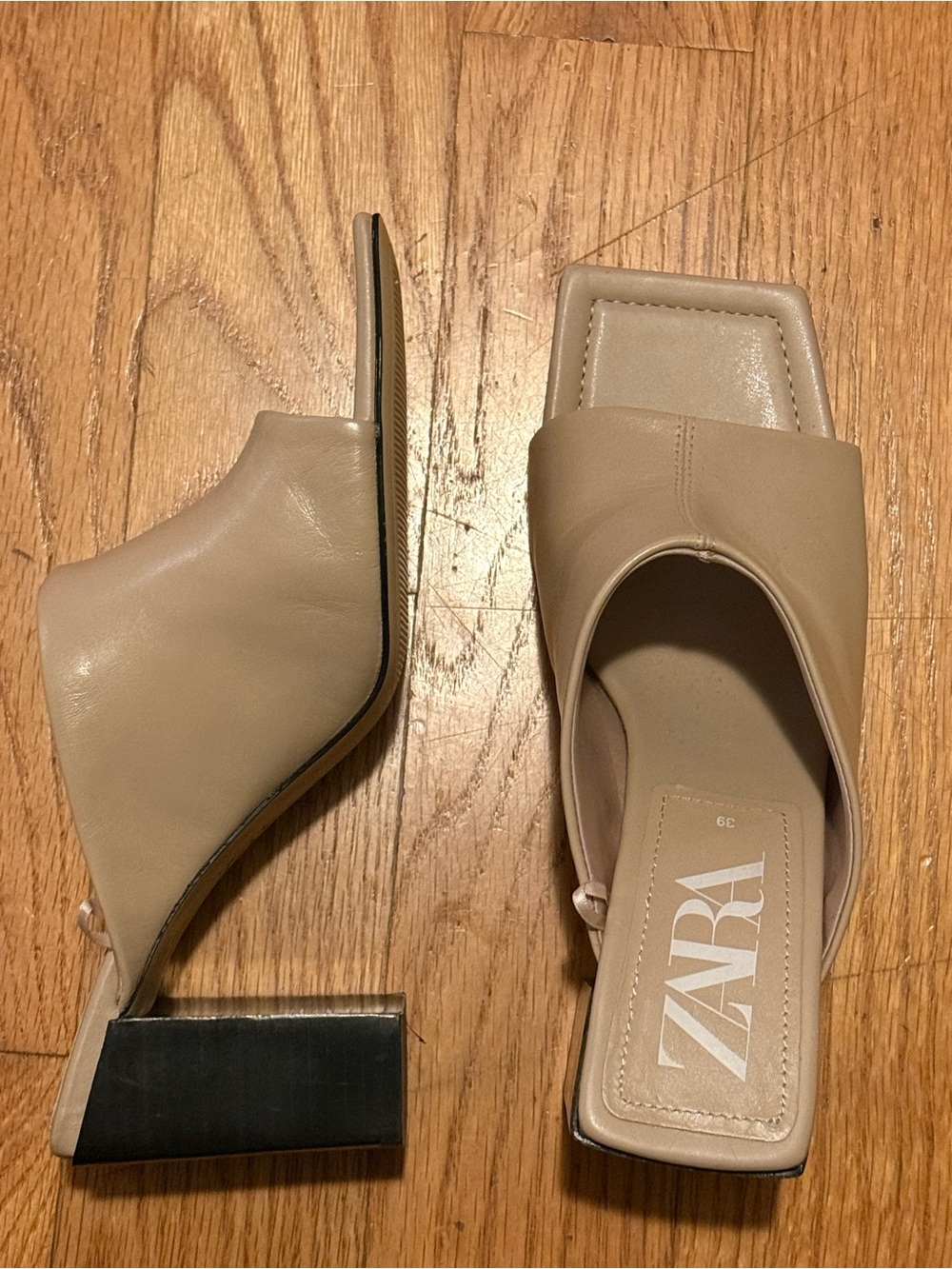 ZARA Taupe Beige Square Toe Block Heel Mules Size 39